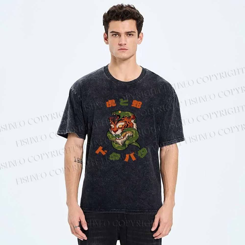 Unisex Japanese Tiger Snake Printed Washed Tee