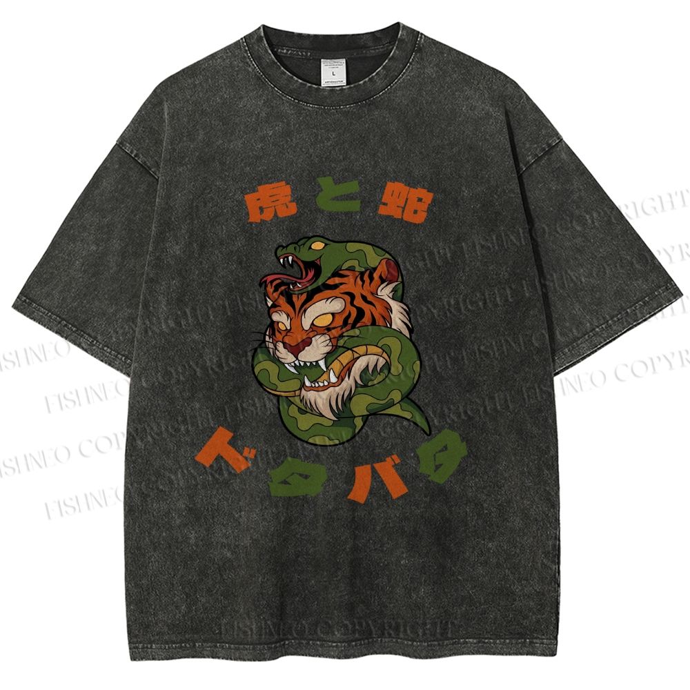 Unisex Japanese Tiger Snake Printed Washed Tee
