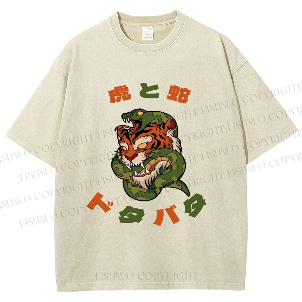 Unisex Japanese Tiger Snake Printed Washed Tee