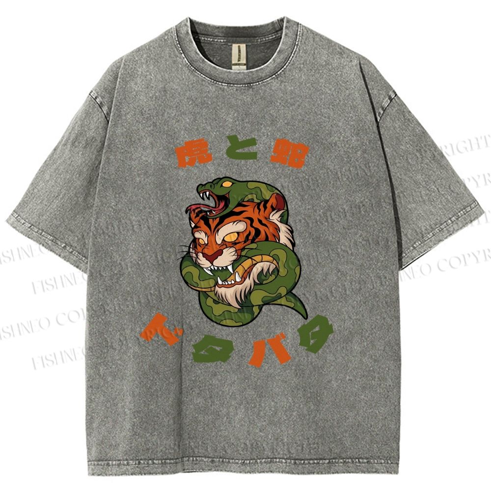 Unisex Japanese Tiger Snake Printed Washed Tee