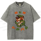 Unisex Japanese Tiger Snake Printed Washed Tee