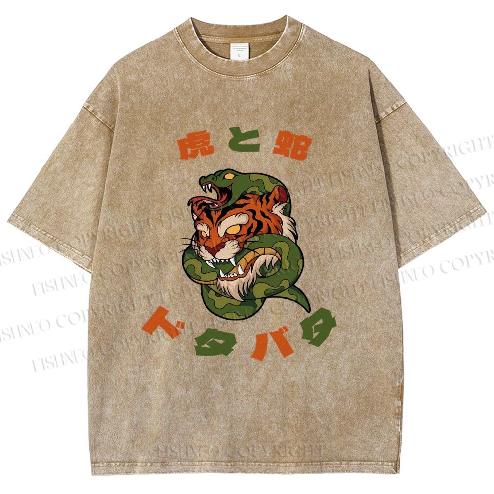 Unisex Japanese Tiger Snake Printed Washed Tee