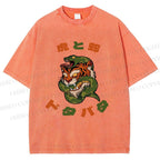 Unisex Japanese Tiger Snake Printed Washed Tee