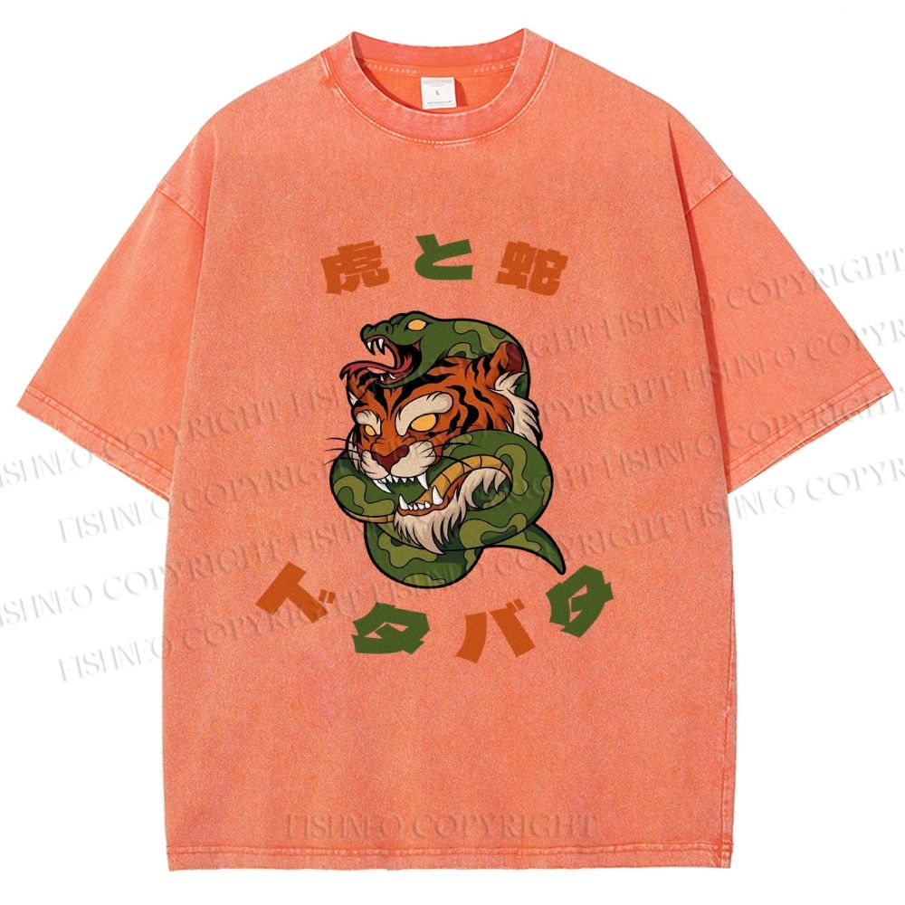 Unisex Japanese Tiger Snake Printed Washed Tee