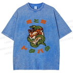 Unisex Japanese Tiger Snake Printed Washed Tee