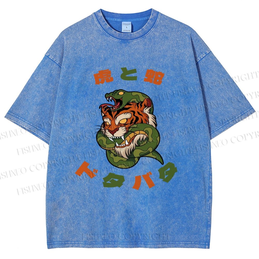 Unisex Japanese Tiger Snake Printed Washed Tee