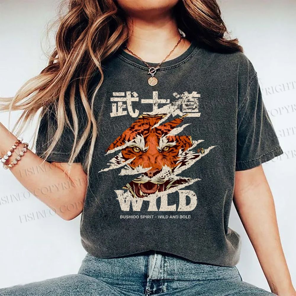 Unisex Japanese Wild Tiger Printed Washed Tee