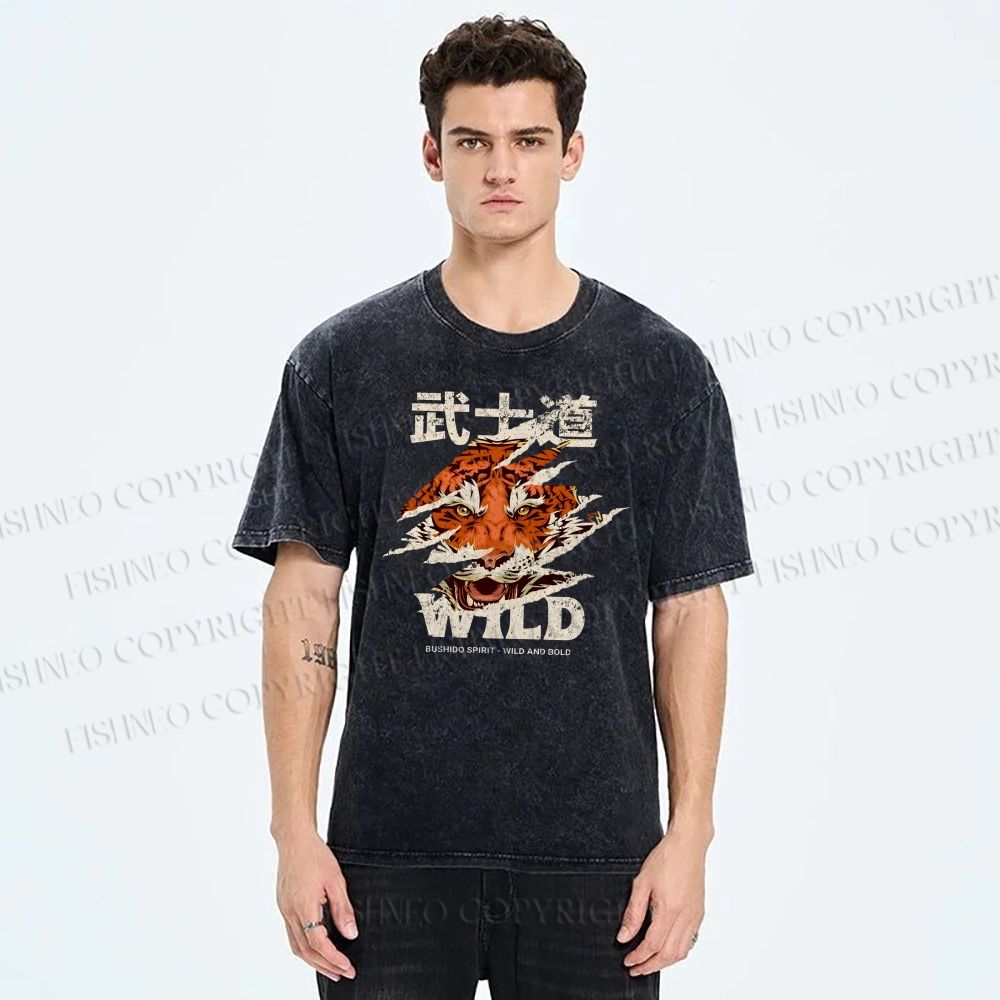Unisex Japanese Wild Tiger Printed Washed Tee