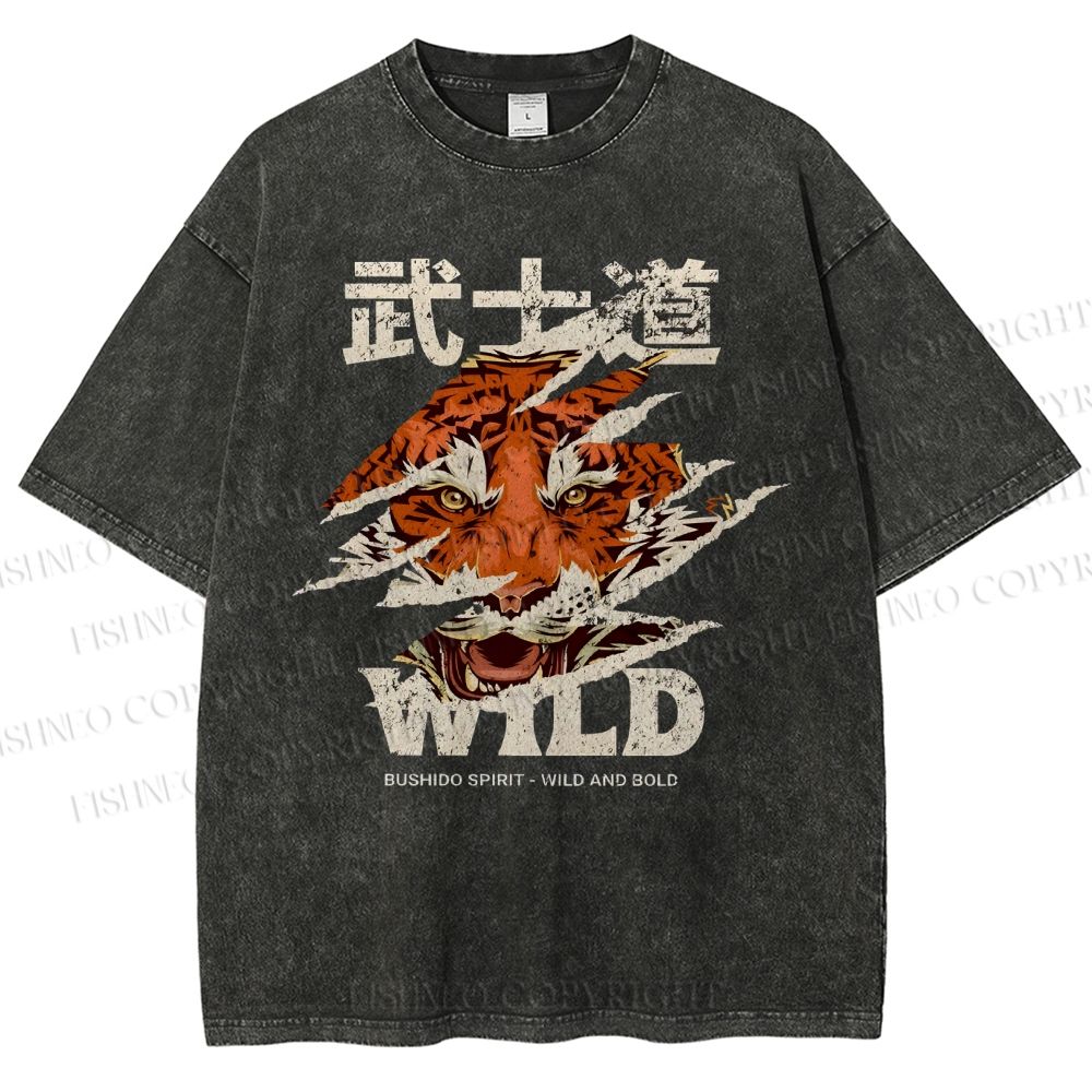 Unisex Japanese Wild Tiger Printed Washed Tee