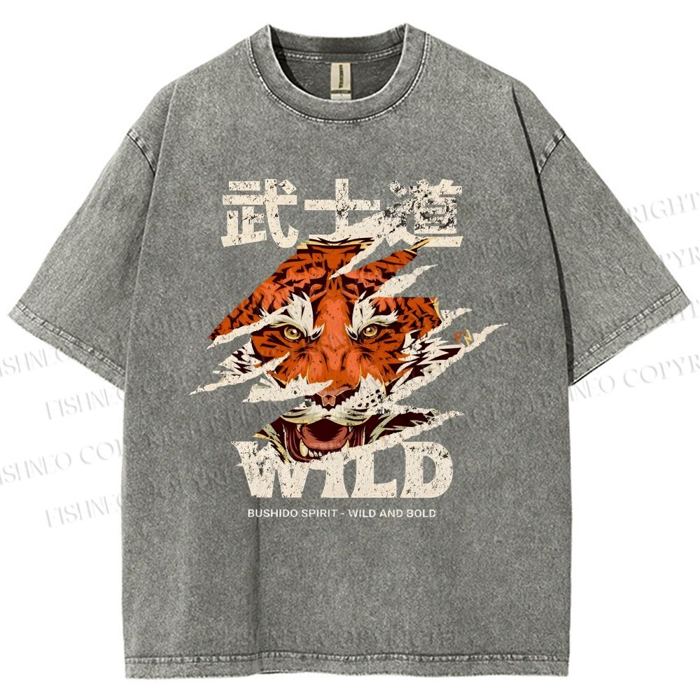 Unisex Japanese Wild Tiger Printed Washed Tee