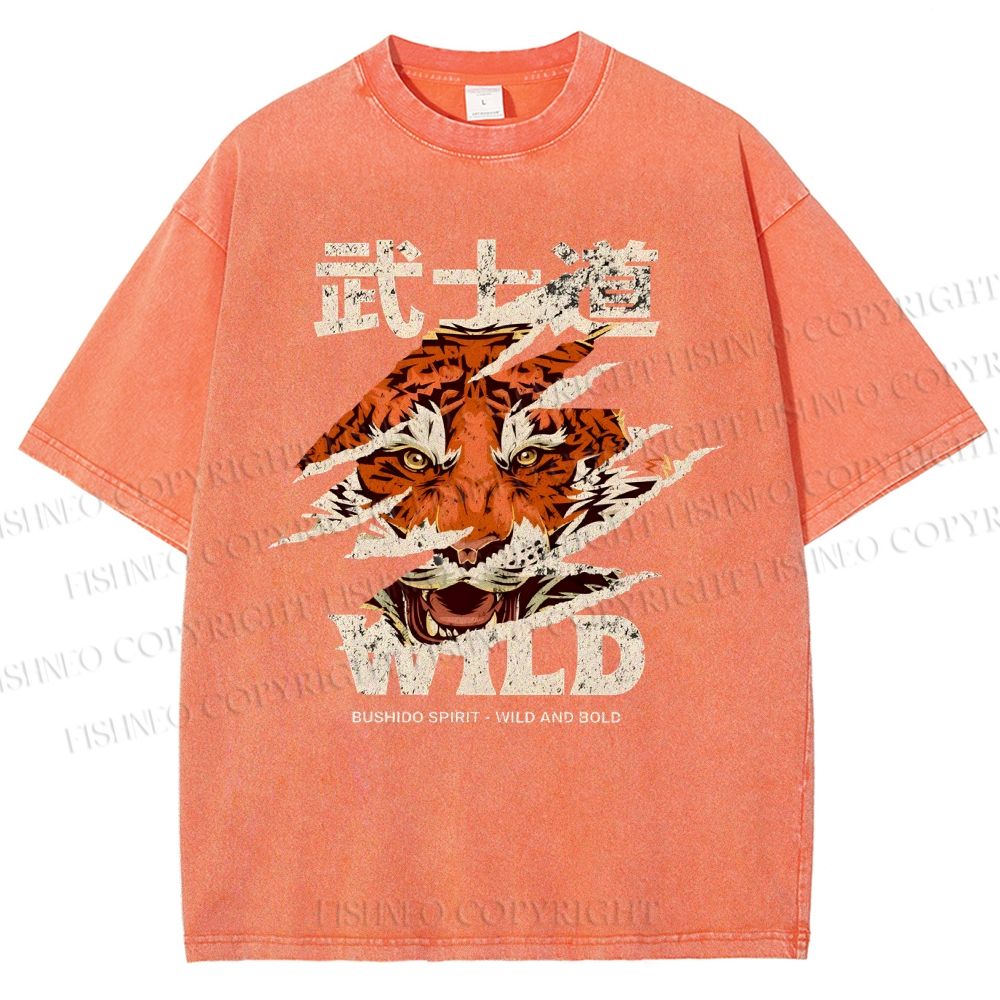 Unisex Japanese Wild Tiger Printed Washed Tee