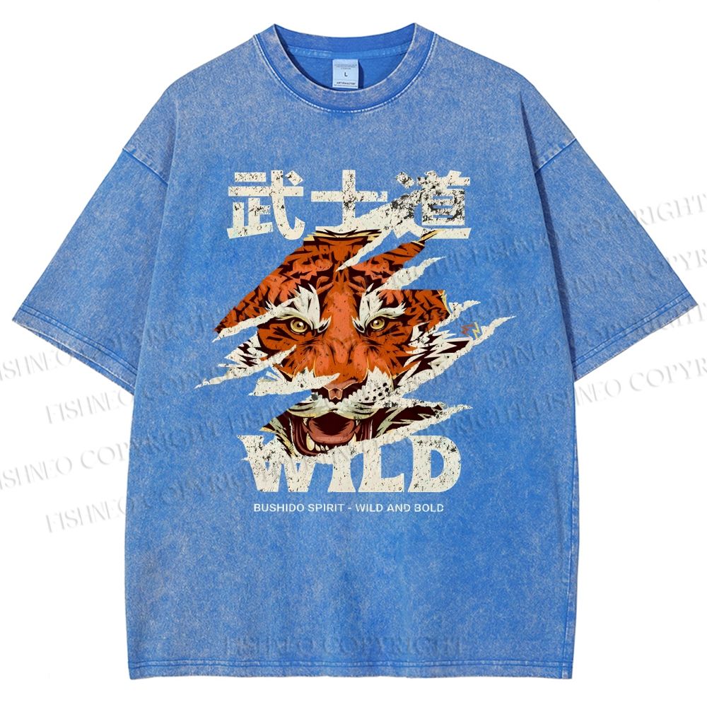 Unisex Japanese Wild Tiger Printed Washed Tee