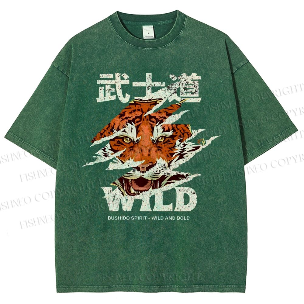 Unisex Japanese Wild Tiger Printed Washed Tee