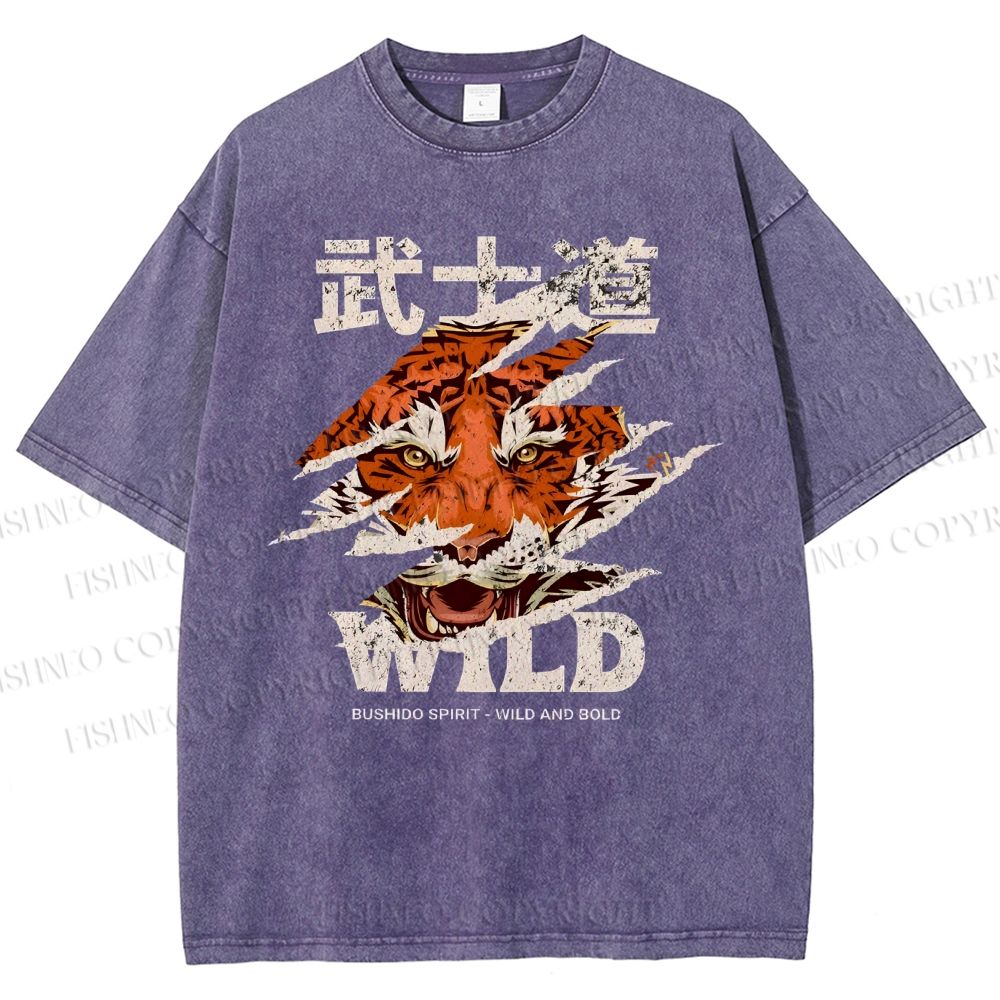 Unisex Japanese Wild Tiger Printed Washed Tee