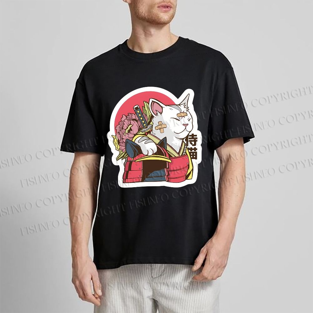 Unisex Japanese Cat Samurai Classic Cotton T-shirt