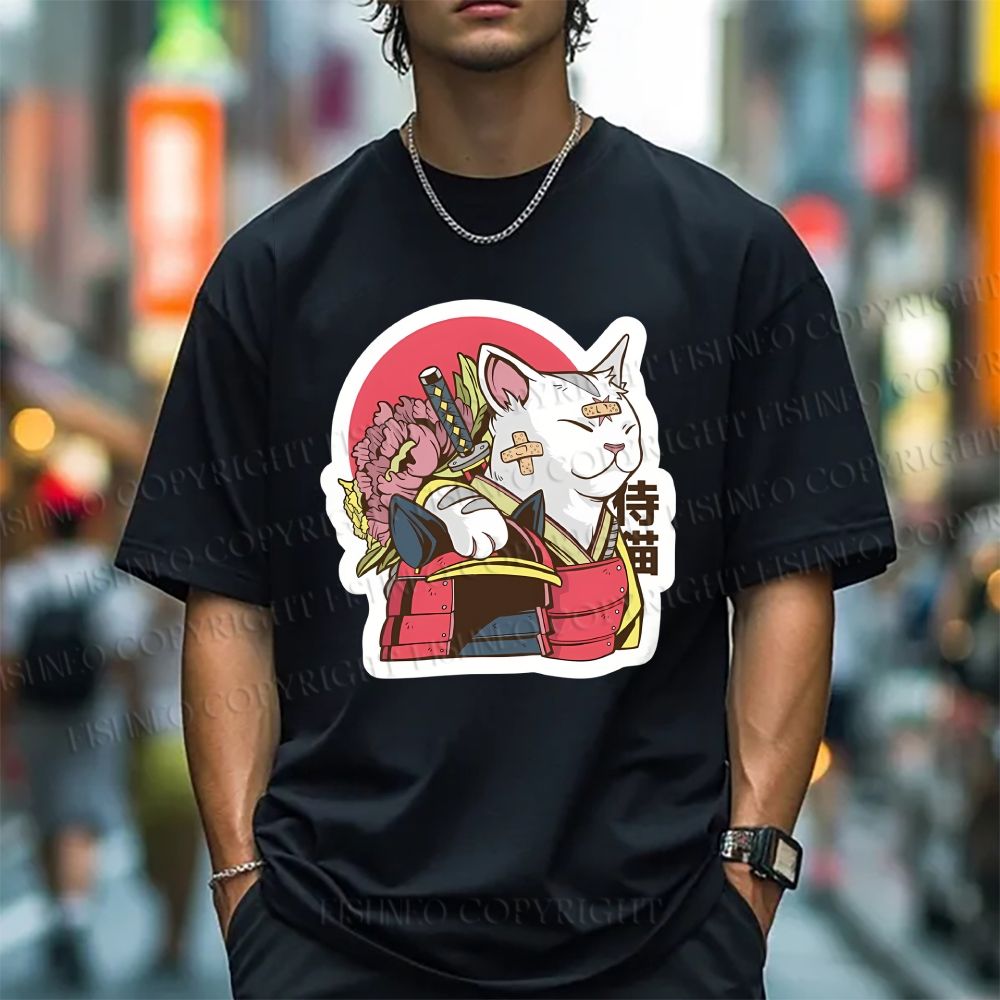 Unisex Japanese Cat Samurai Classic Cotton T-shirt