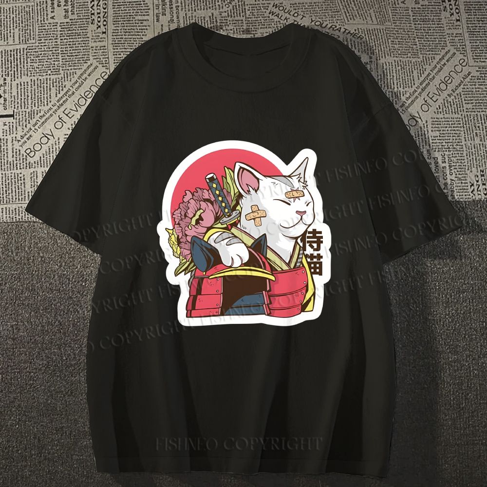Unisex Japanese Cat Samurai Classic Cotton T-shirt