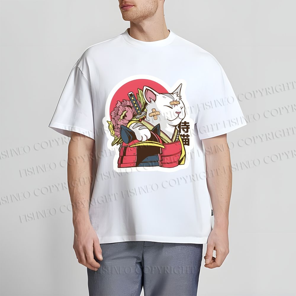 Unisex Japanese Cat Samurai Classic Cotton T-shirt