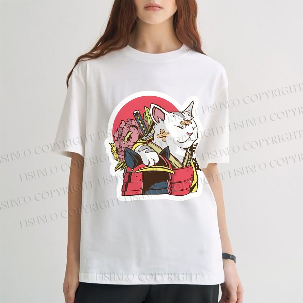 Unisex Japanese Cat Samurai Classic Cotton T-shirt