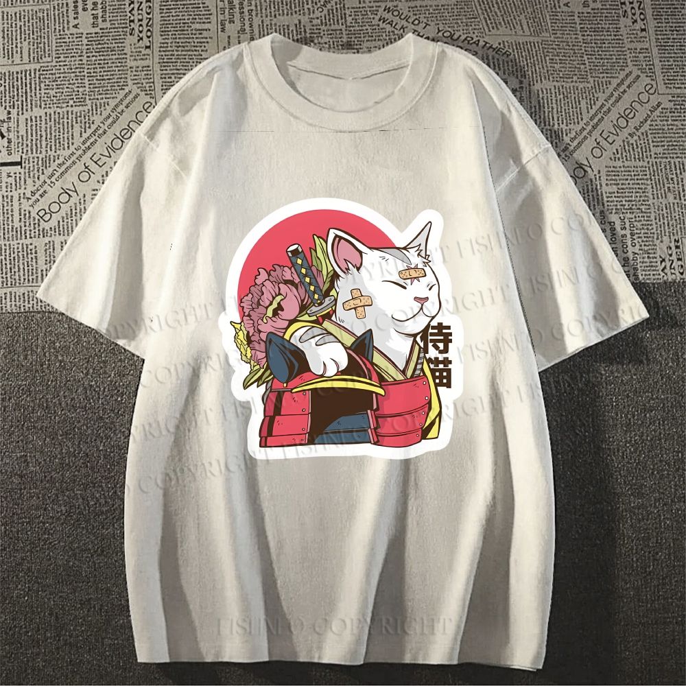 Unisex Japanese Cat Samurai Classic Cotton T-shirt