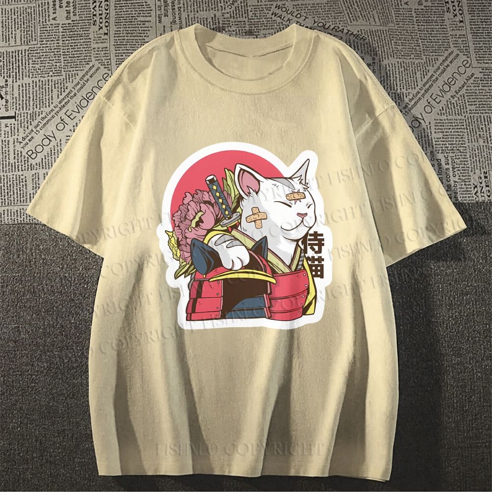 Unisex Japanese Cat Samurai Classic Cotton T-shirt