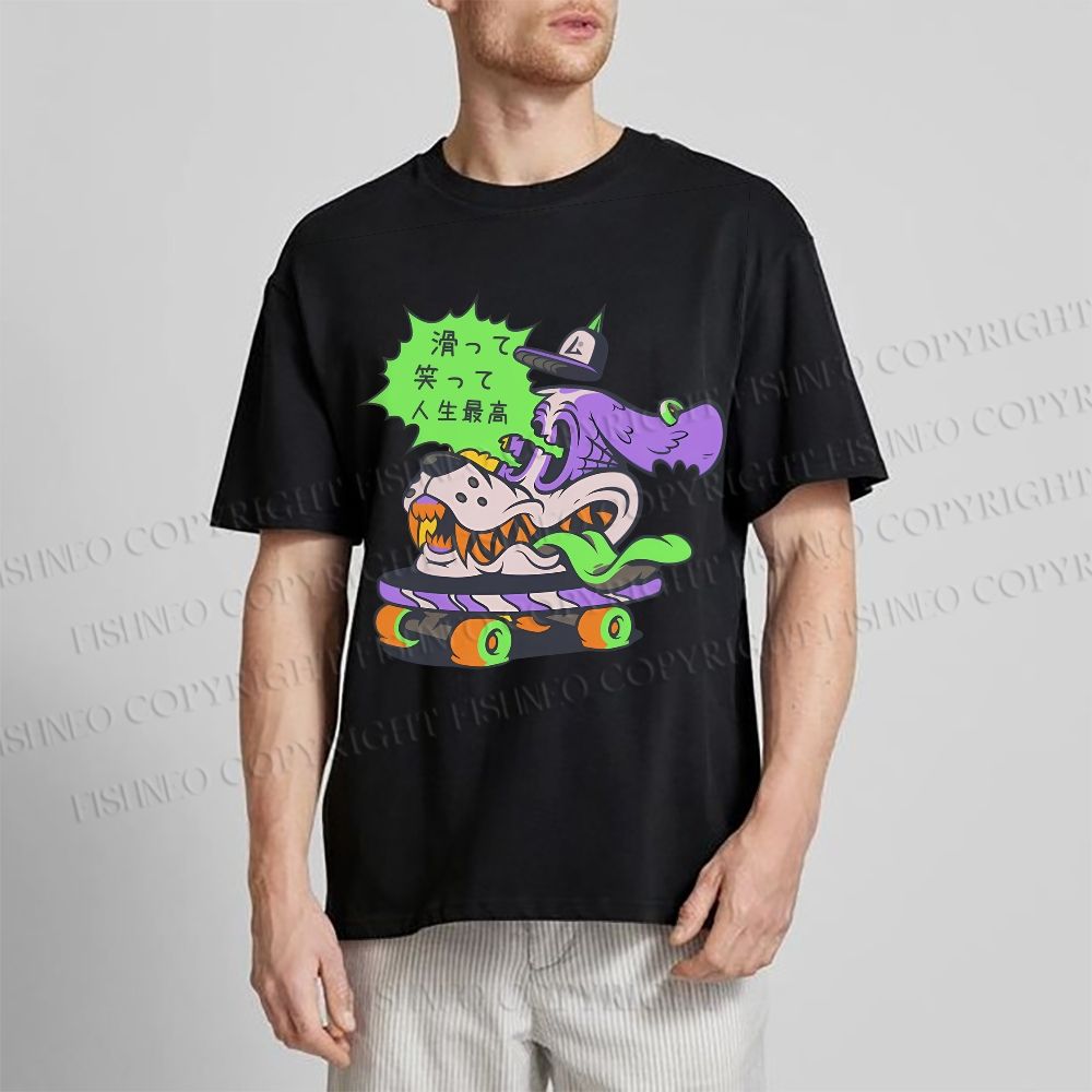 Unisex Japanese Dog Skating Graffiti Classic Cotton T-shirt