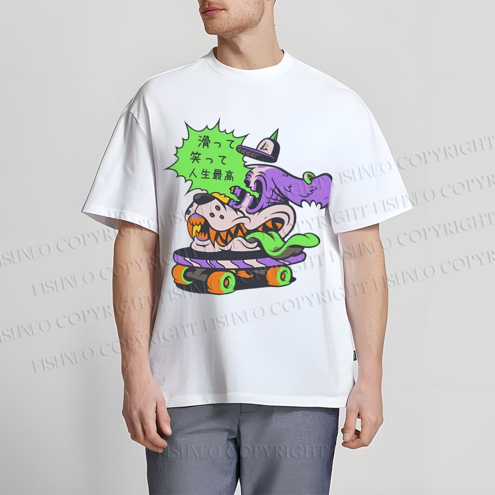 Unisex Japanese Dog Skating Graffiti Classic Cotton T-shirt