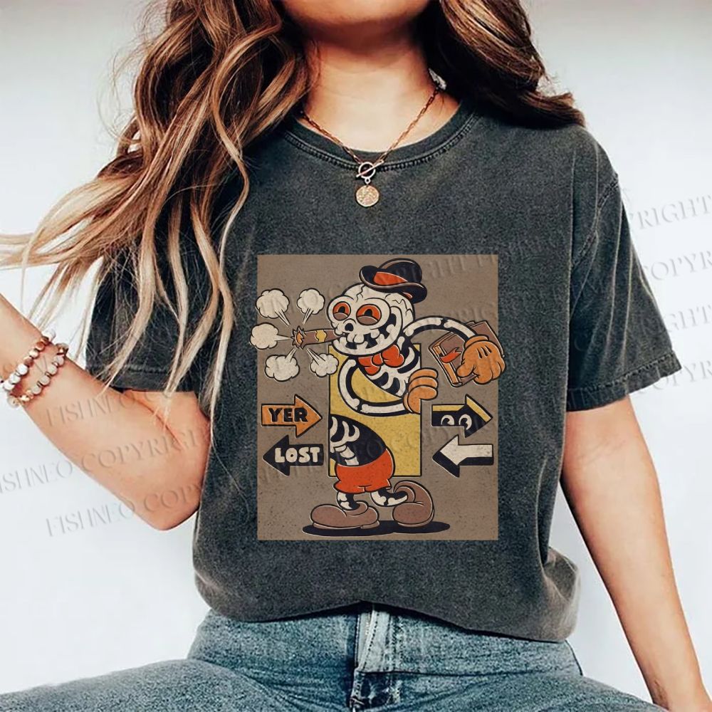 Unisex Vintage Skull Skeleton Graffiti Printed Washed Tee