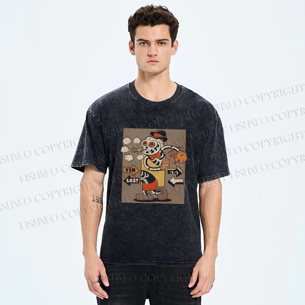 Unisex Vintage Skull Skeleton Graffiti Printed Washed Tee