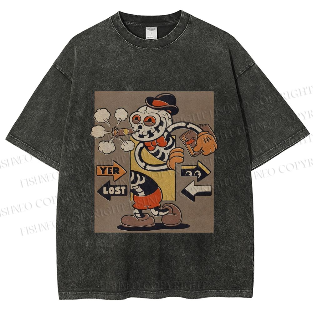 Unisex Vintage Skull Skeleton Graffiti Printed Washed Tee