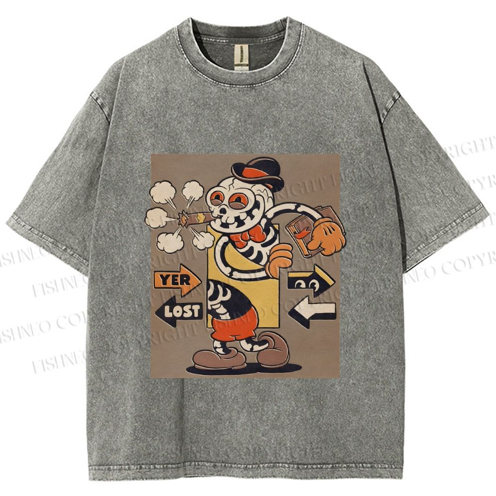 Unisex Vintage Skull Skeleton Graffiti Printed Washed Tee