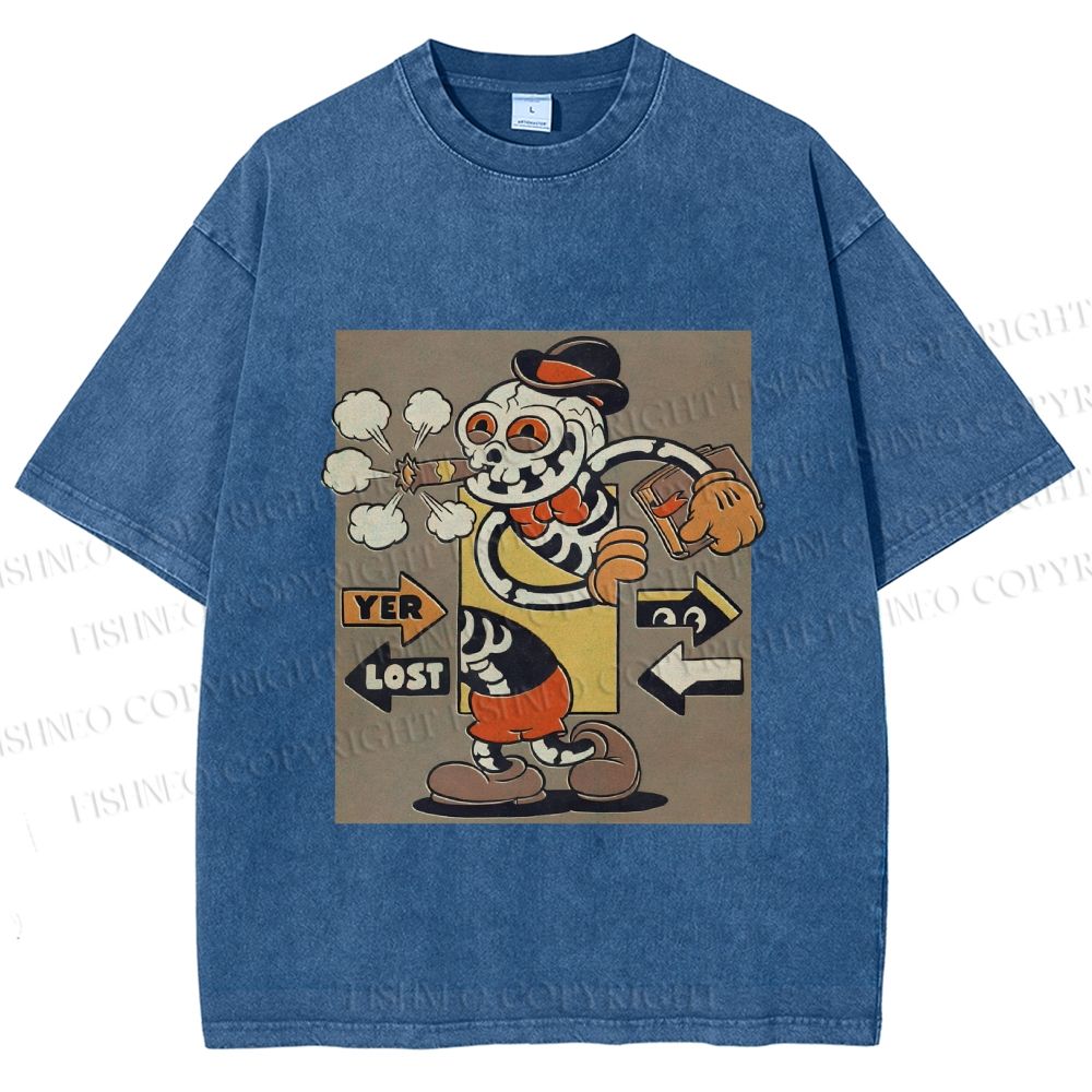 Unisex Vintage Skull Skeleton Graffiti Printed Washed Tee