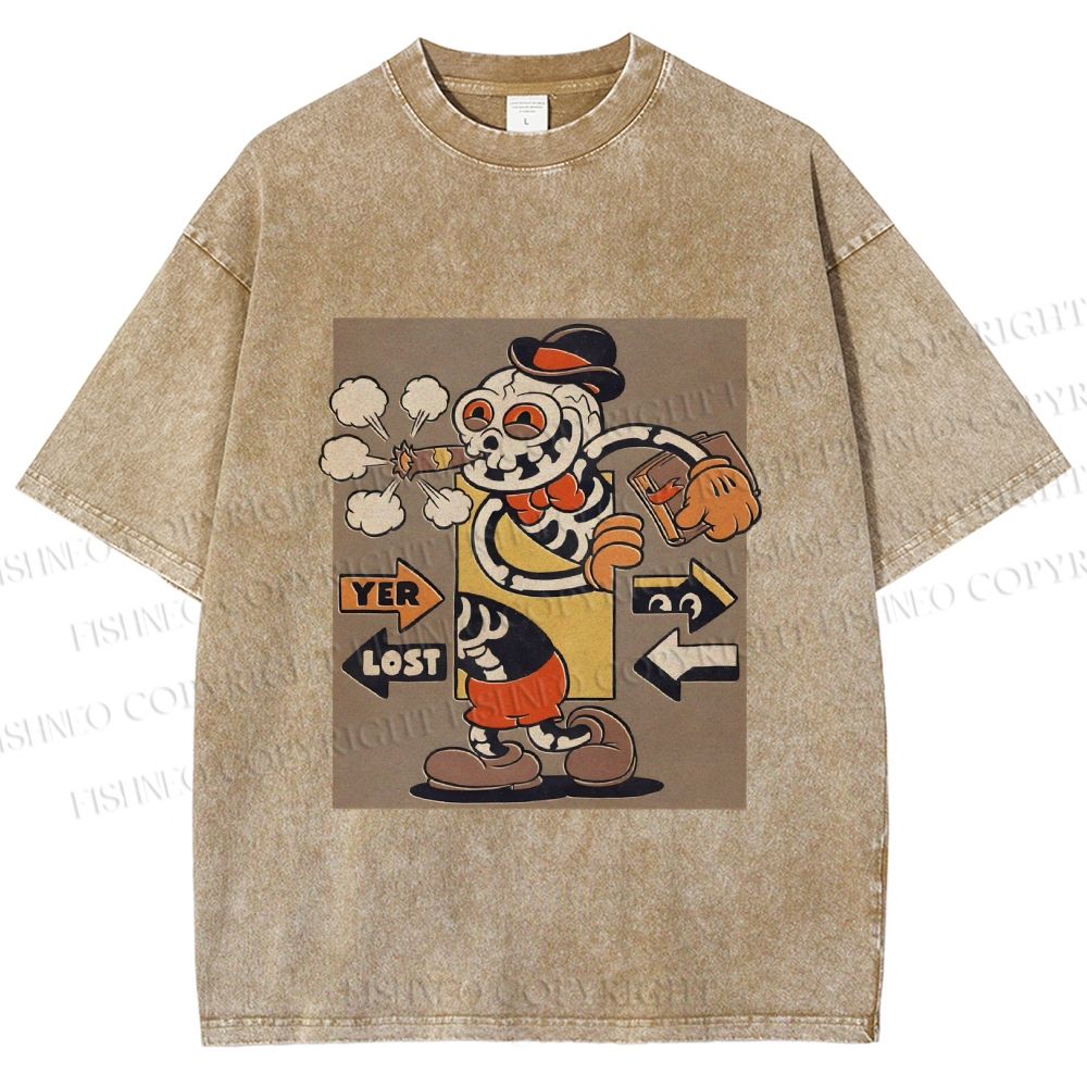 Unisex Vintage Skull Skeleton Graffiti Printed Washed Tee