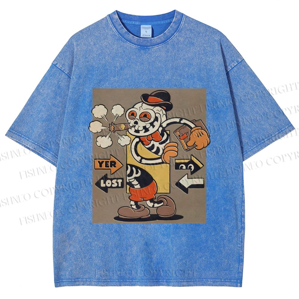 Unisex Vintage Skull Skeleton Graffiti Printed Washed Tee