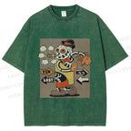 Unisex Vintage Skull Skeleton Graffiti Printed Washed Tee