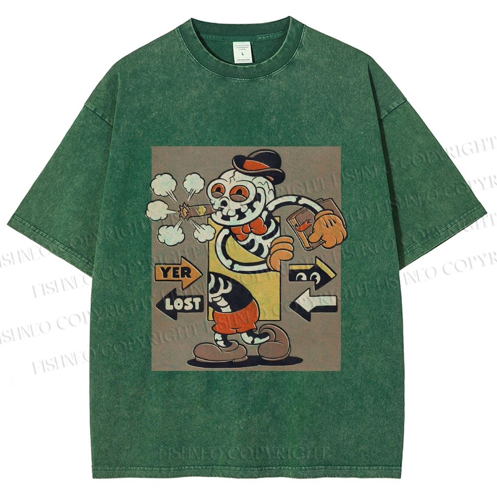 Unisex Vintage Skull Skeleton Graffiti Printed Washed Tee