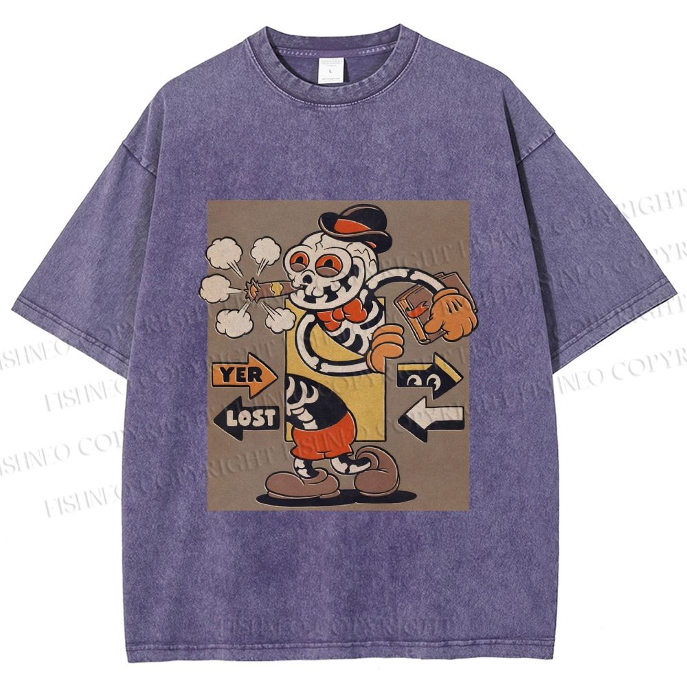 Unisex Vintage Skull Skeleton Graffiti Printed Washed Tee
