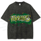 Unisex Japanese Letter Graffiti Printed Washed Tee