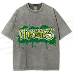 Unisex Japanese Letter Graffiti Printed Washed Tee