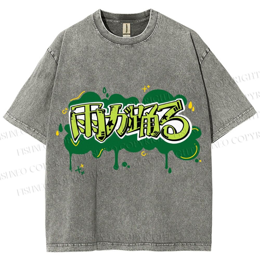 Unisex Japanese Letter Graffiti Printed Washed Tee
