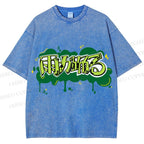 Unisex Japanese Letter Graffiti Printed Washed Tee