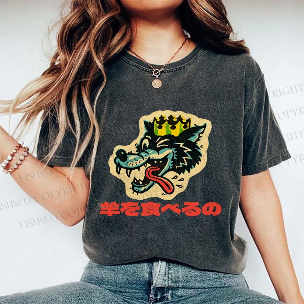 Unisex Vintage Japanese Wolf Graffiti Printed Washed Tee