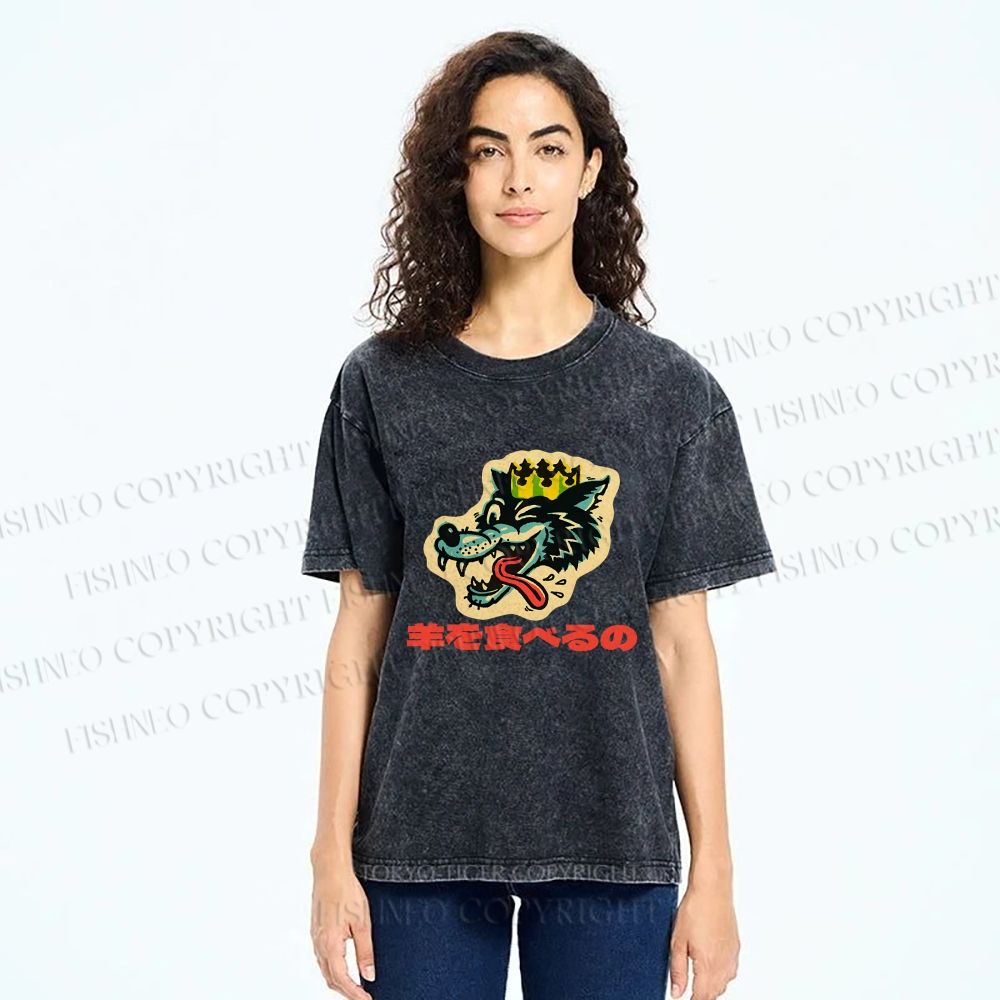 Unisex Vintage Japanese Wolf Graffiti Printed Washed Tee
