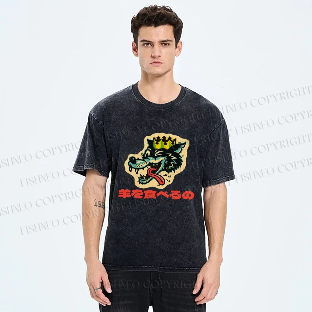 Unisex Vintage Japanese Wolf Graffiti Printed Washed Tee
