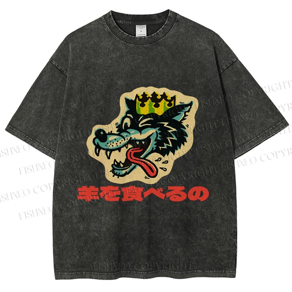 Unisex Vintage Japanese Wolf Graffiti Printed Washed Tee