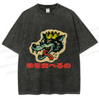 Unisex Vintage Japanese Wolf Graffiti Printed Washed Tee