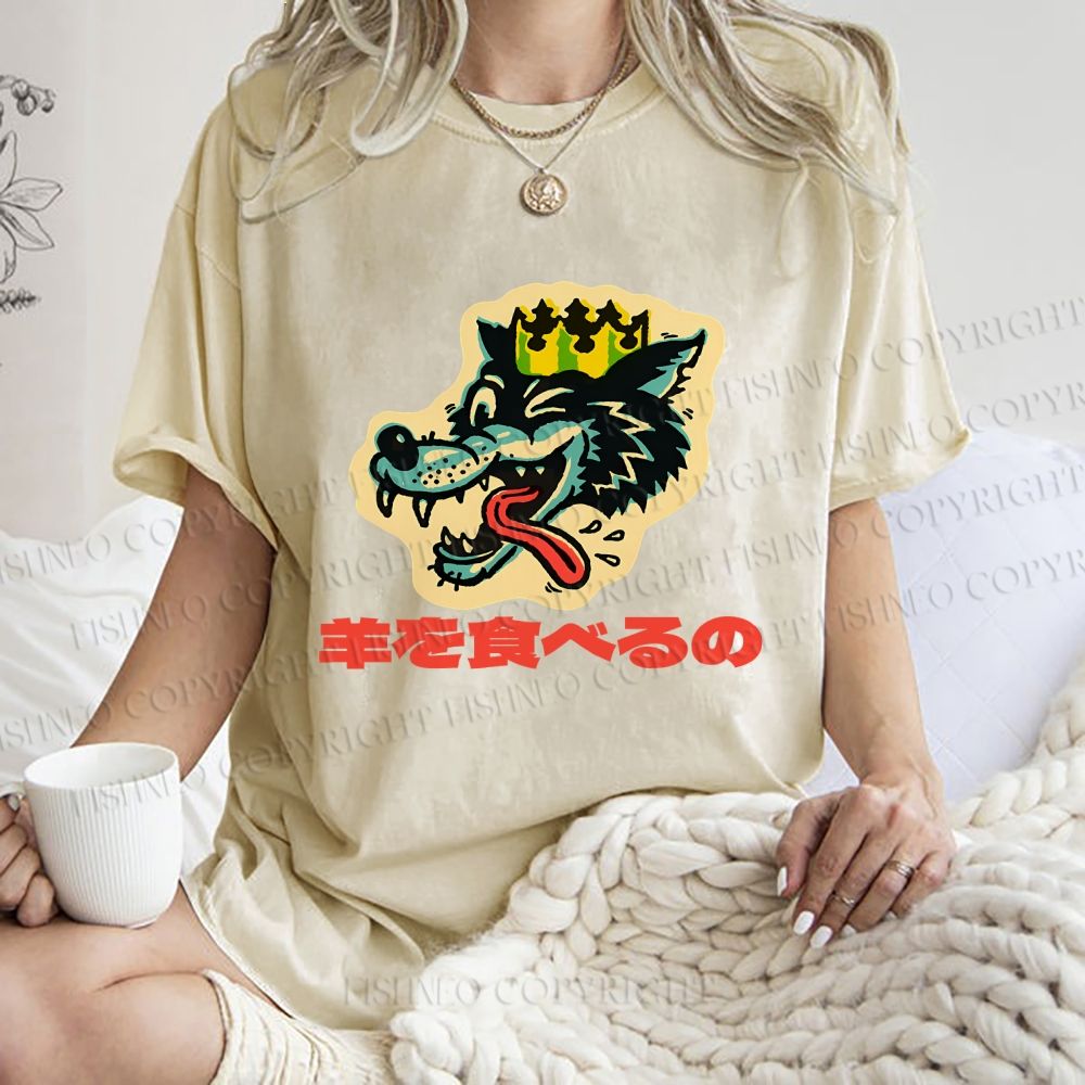 Unisex Vintage Japanese Wolf Graffiti Printed Washed Tee