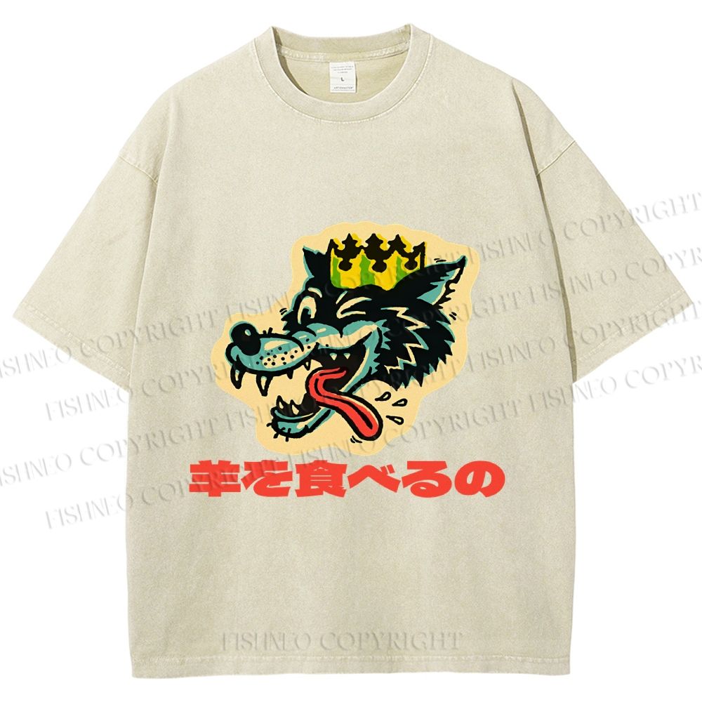 Unisex Vintage Japanese Wolf Graffiti Printed Washed Tee