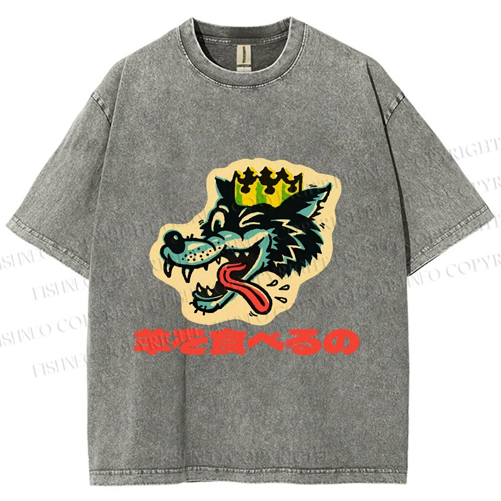 Unisex Vintage Japanese Wolf Graffiti Printed Washed Tee
