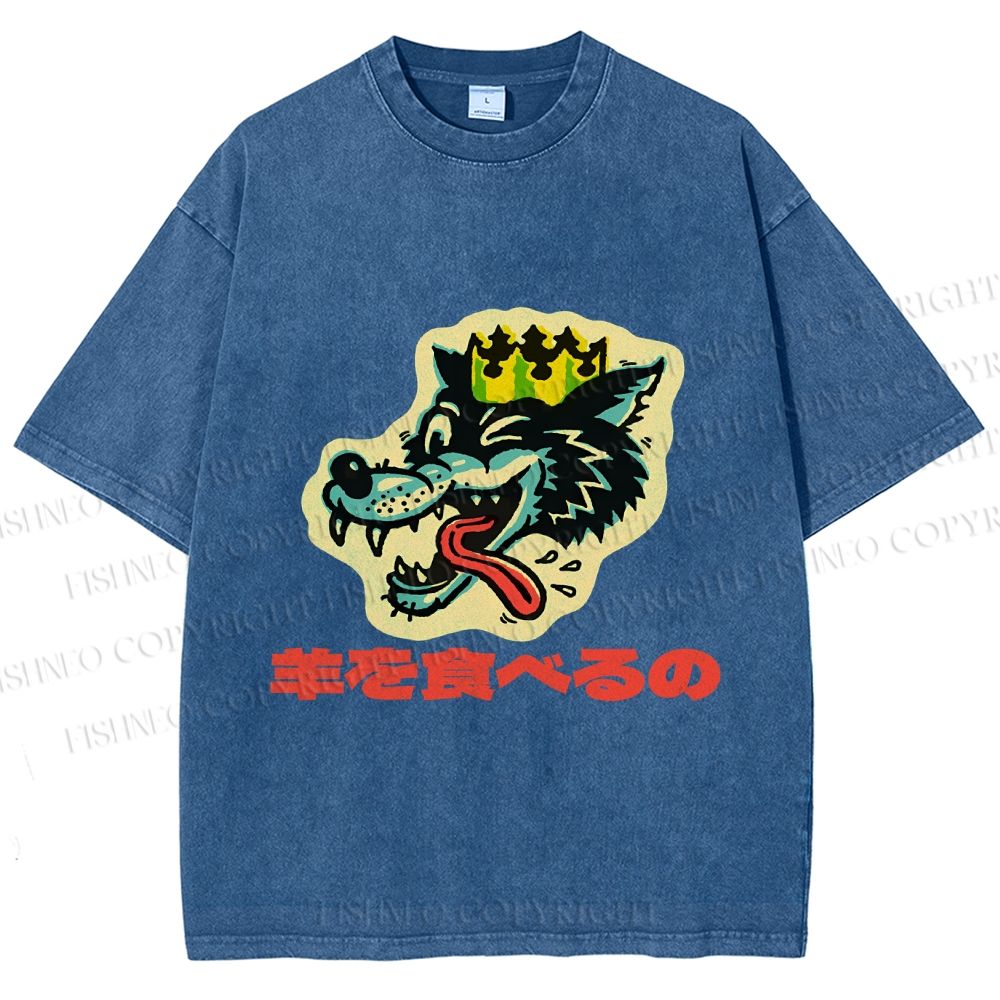 Unisex Vintage Japanese Wolf Graffiti Printed Washed Tee